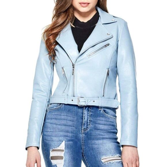 Medium GUESS Baby Blue Scarlett Faux Leatherette double breasted Moto Jacket - Picture 1 of 11